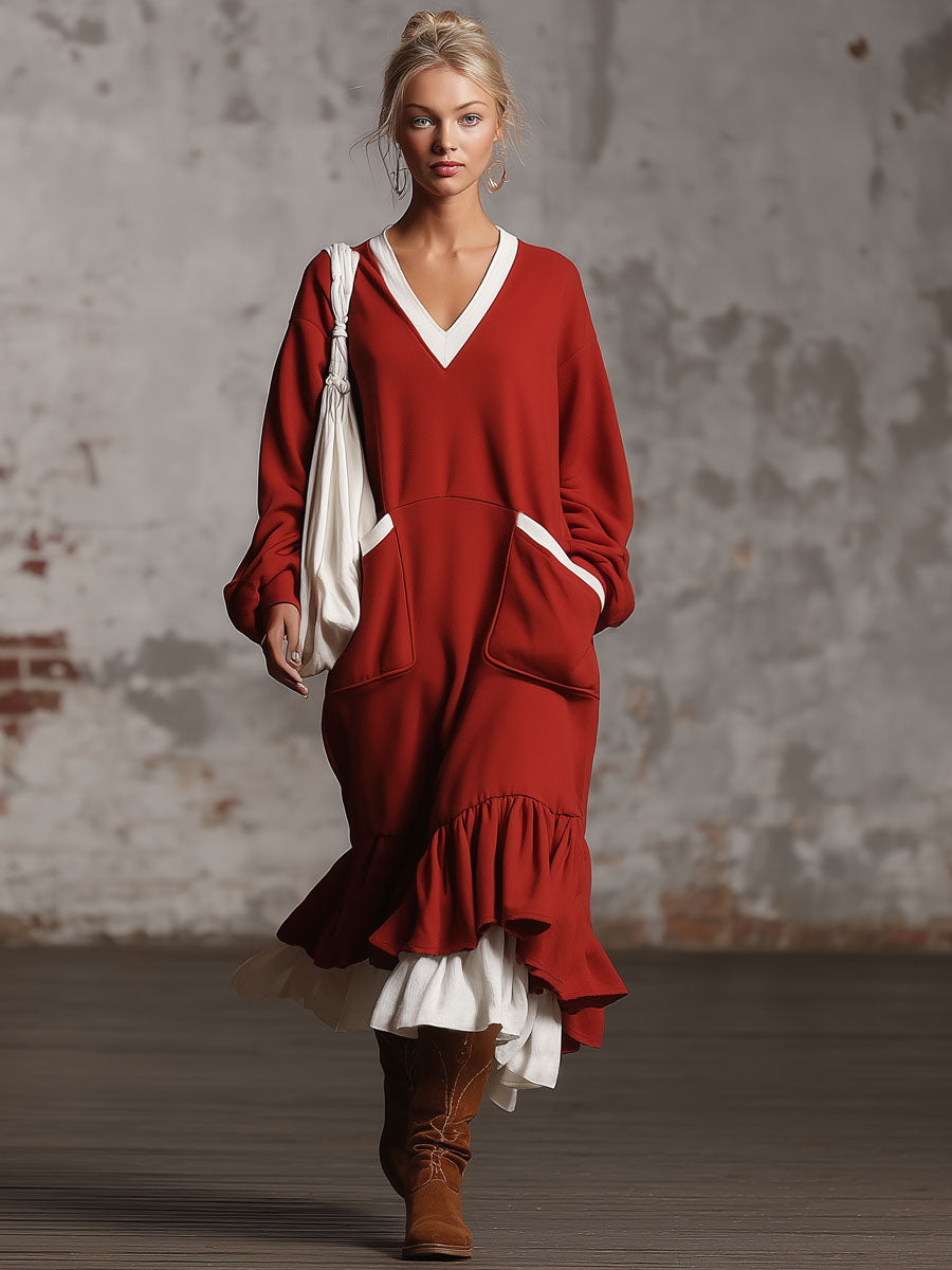 Loose-fitting, Sporty V-neck Color-block Long-sleeved Midi Dress