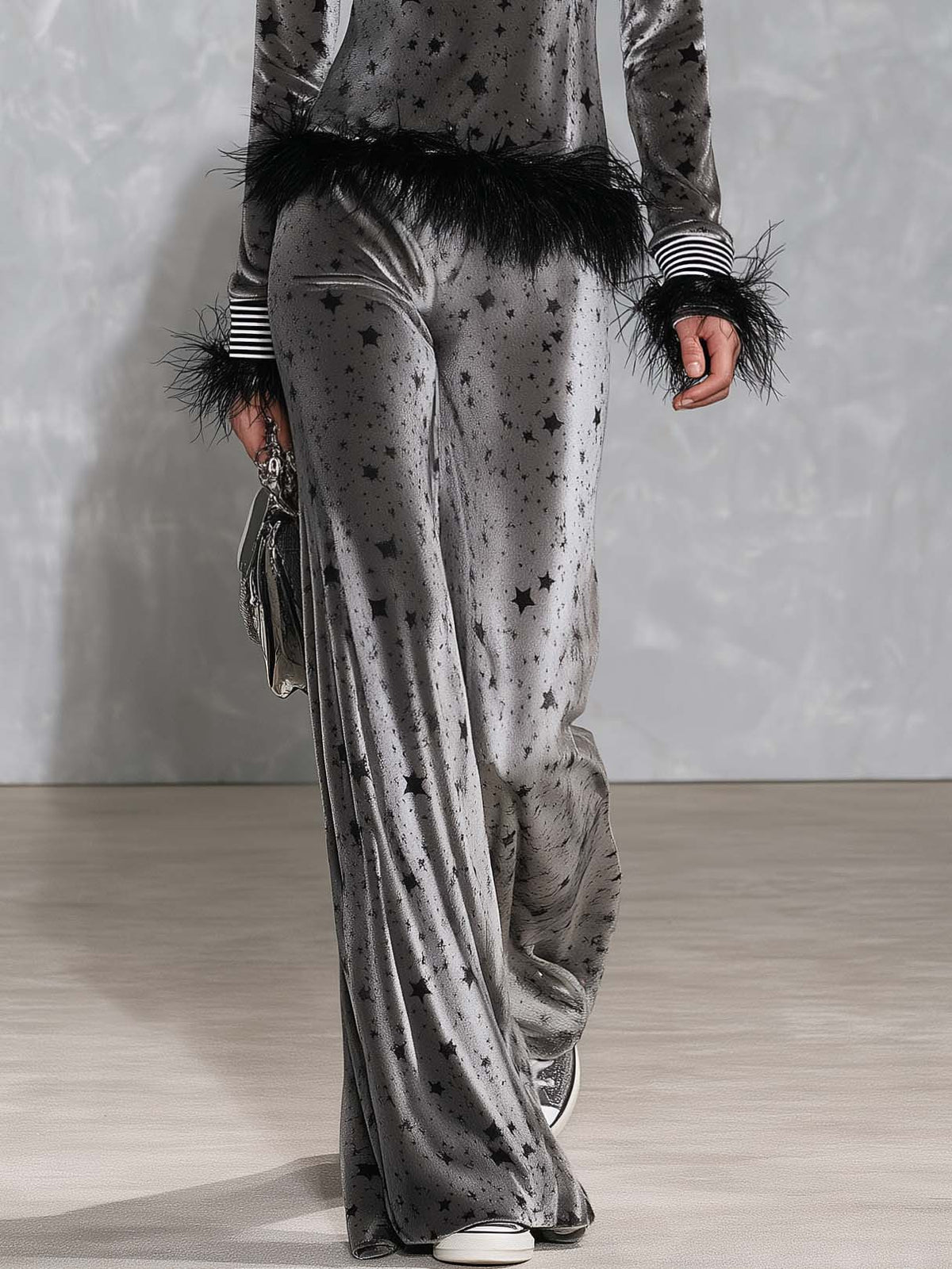 Retro Glam Star Print Grey Velvet Feather Trim Turtleneck Wide-Leg Pants Set