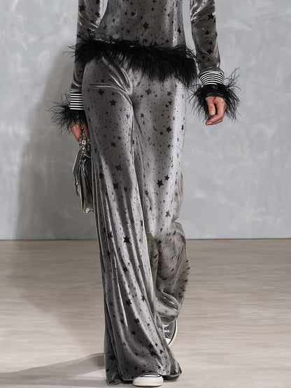 Retro Glam Star Print Grey Velvet Feather Trim Turtleneck Wide-Leg Pants Set