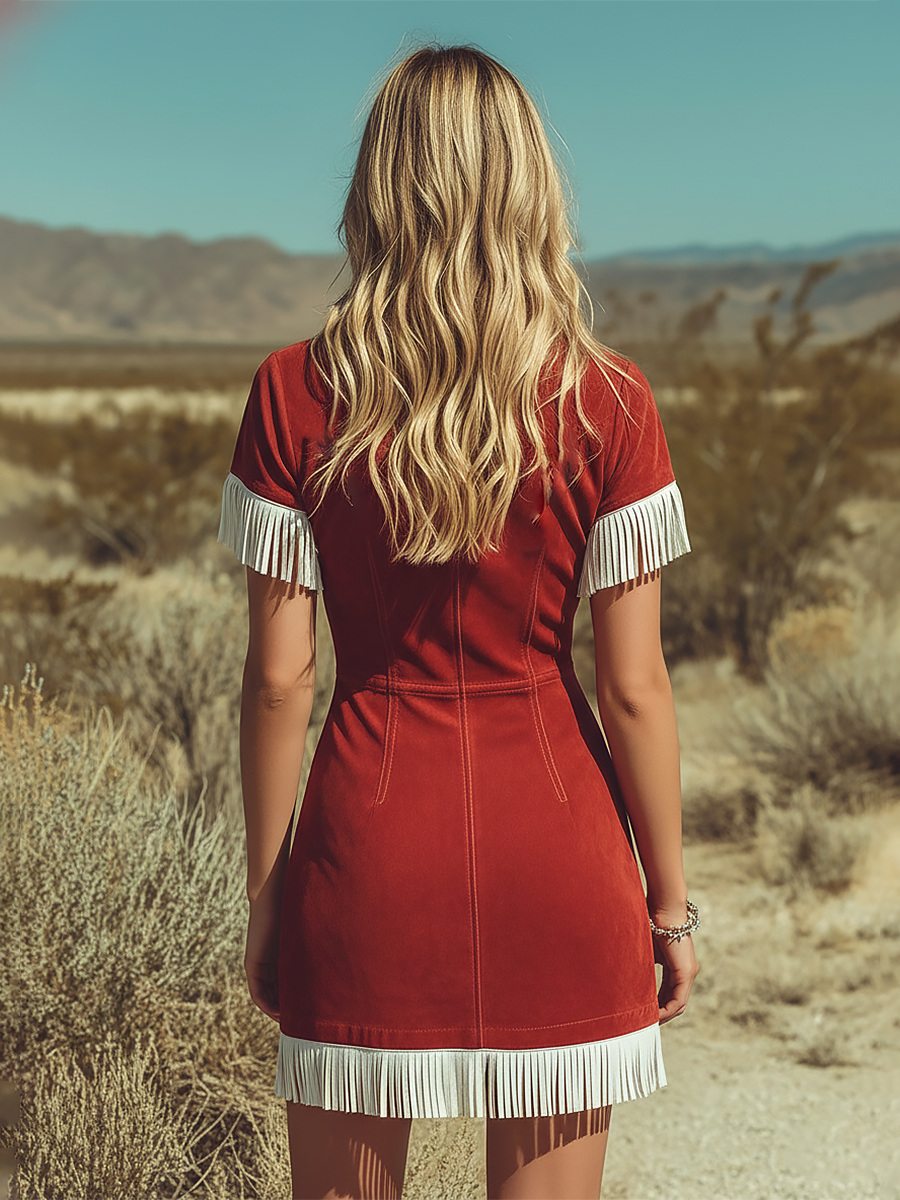 Retro Western-style Lapel Color-block Fringed Suede Mini Dress