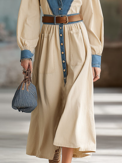 Western-style Beige Cotton Patchwork Denim Maxi Dress