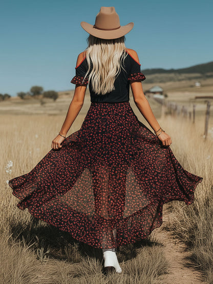 V-neck Off-the-shoulder Short-sleeved Top And Long Skirt Set