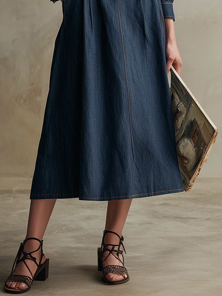 Fashionable Retro Navy Blue Denim Square Neck Long-sleeved Midi Dress