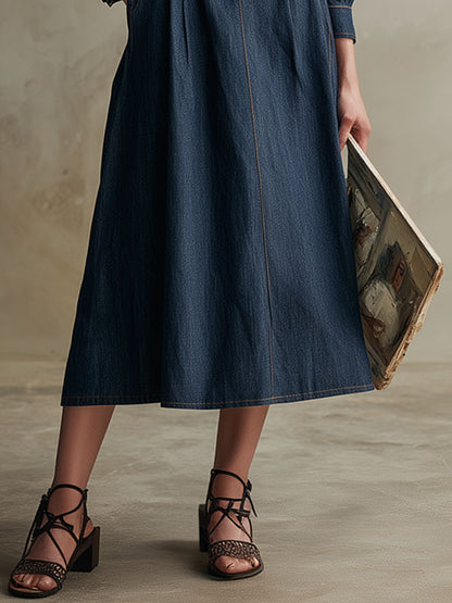 Fashionable Retro Navy Blue Denim Square Neck Long-sleeved Midi Dress