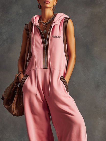 Sporty Retro Ribbon Embroidered Pink Cotton Blend Sleeveless Hooded Jumpsuit