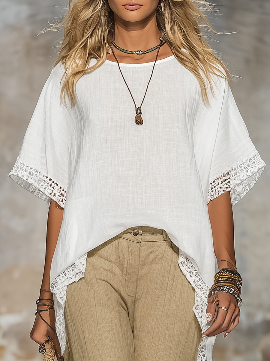 Retro Casual Resort Style Lace-trimmed Top And Flared Pants Set