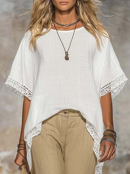 Retro Casual Resort Style Lace-trimmed Top And Flared Pants Set