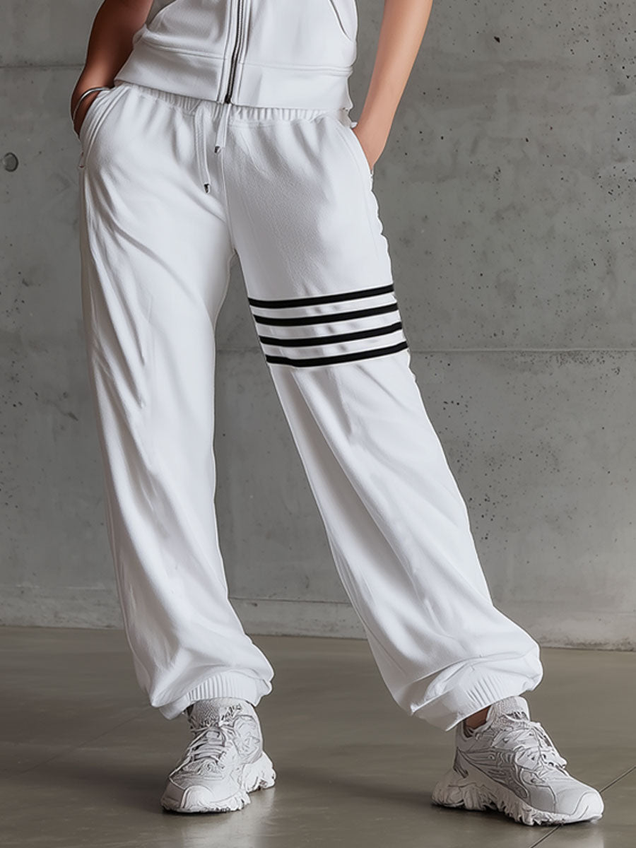 Sporty Retro Striped White Sleeveless Hooded Sweatshirt And Pants Set