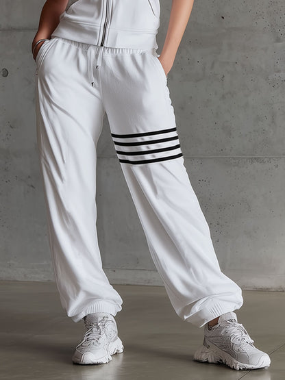 Sporty Retro Striped White Sleeveless Hooded Sweatshirt And Pants Set