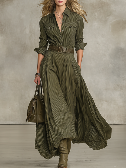 Retro Western Style Striped Long-Sleeved Dress