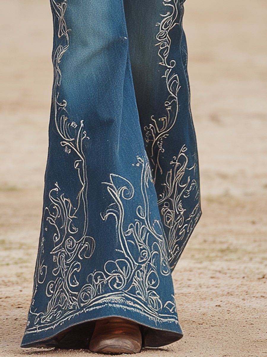 Western Blue Jeans Silver Western Embroidered Bell-bottoms