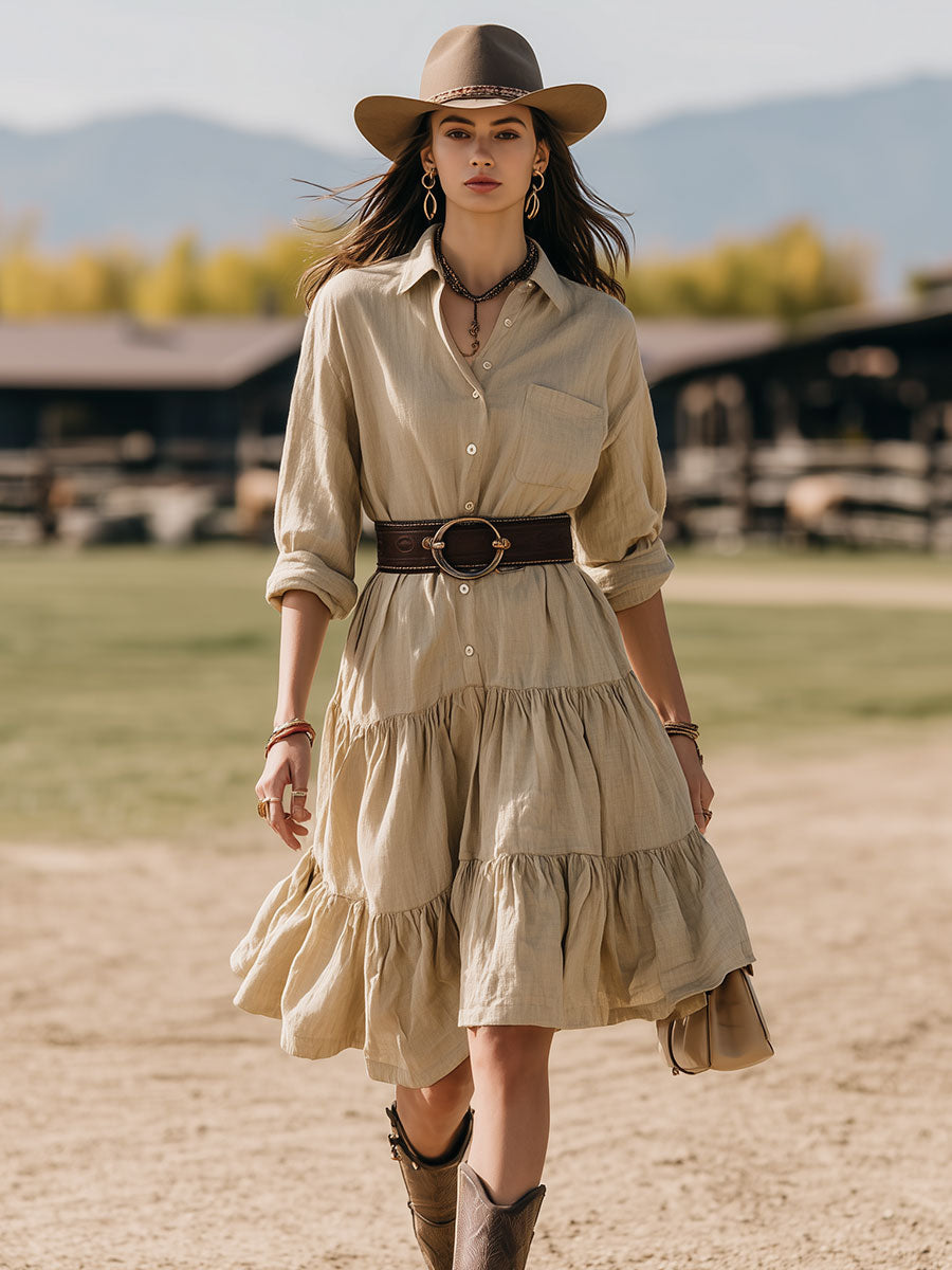 Western-style Loose-fitting Khaki Cotton-linen Blend Button-down Midi Dress