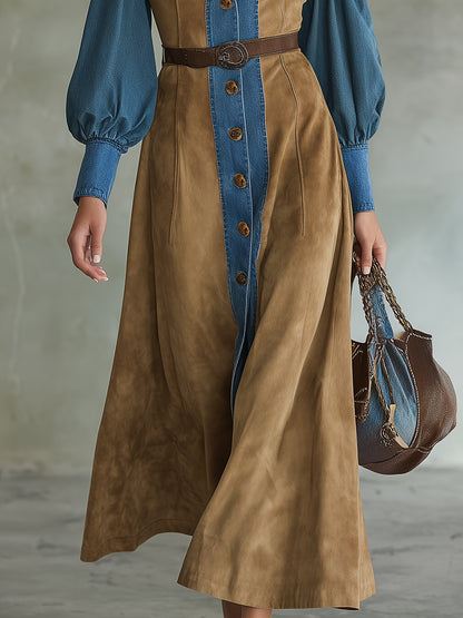 Retro Casual Denim Collar Khaki Faux Suede Maxi Dress