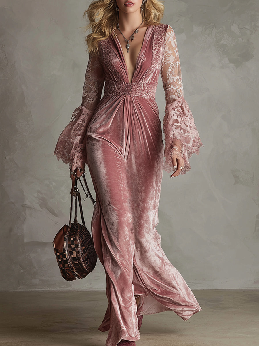 Delicate Pink Velvet Lace Long-sleeved Maxi Dress