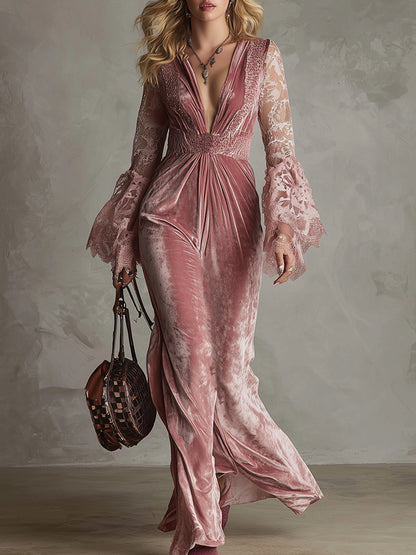 Delicate Pink Velvet Lace Long-sleeved Maxi Dress