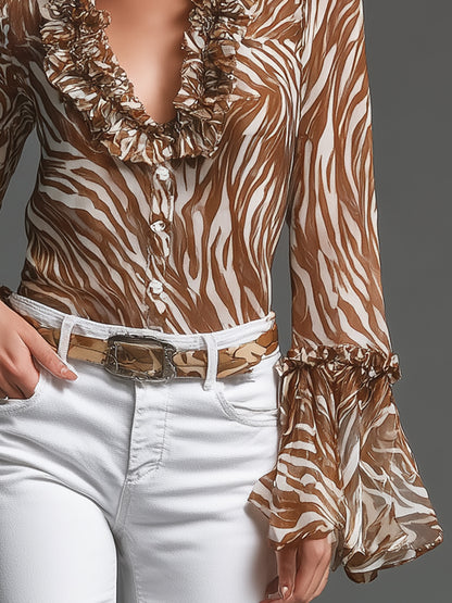 Retro-chic V-neck Ruffled Zebra Print Chiffon Shirt
