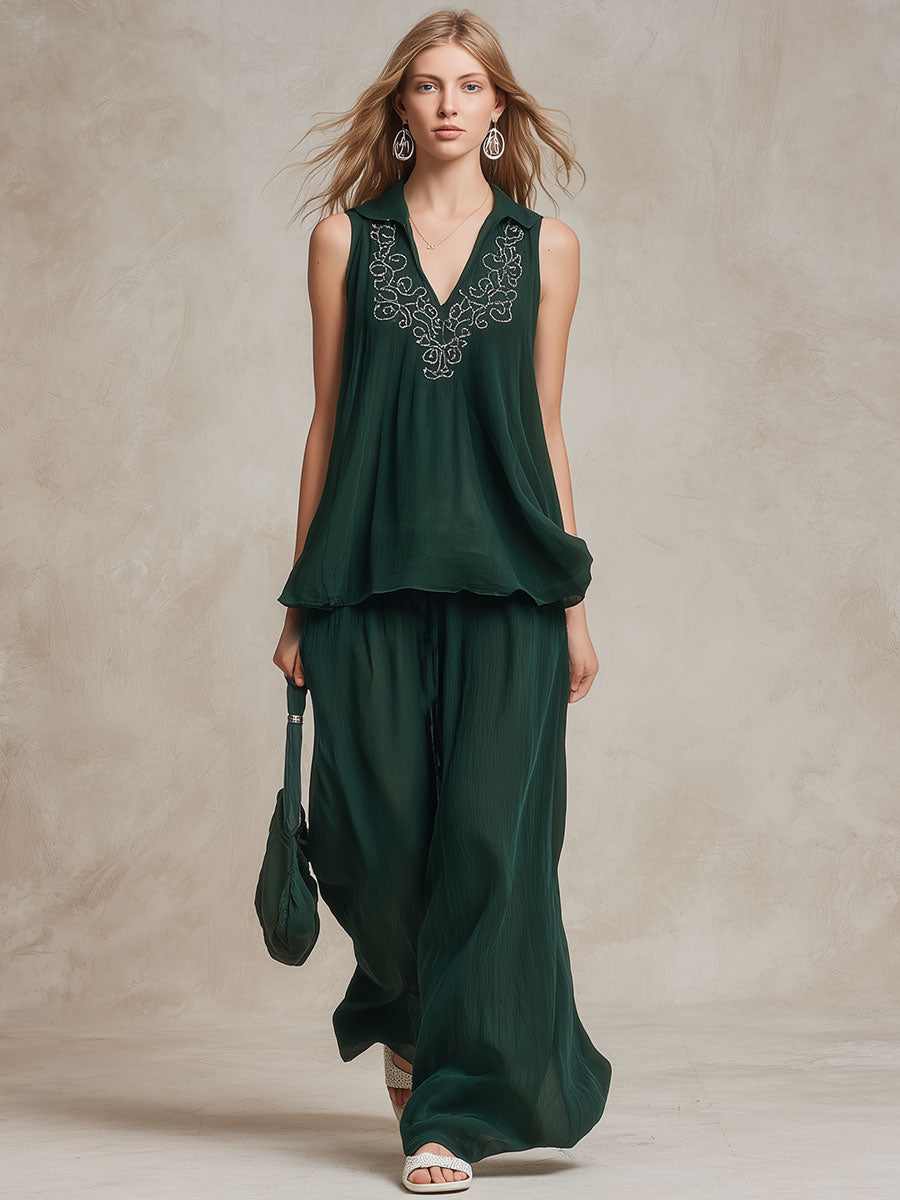 Fashionable And Casual Retro Embroidered Green Sleeveless Chiffon Top And Pants Set