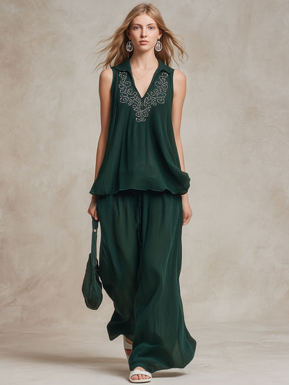 Fashionable And Casual Retro Embroidered Green Sleeveless Chiffon Top And Pants Set