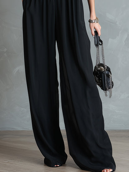 Elegant Embroidered Front-zip Black Chiffon Loose Sleeveless Jumpsuit
