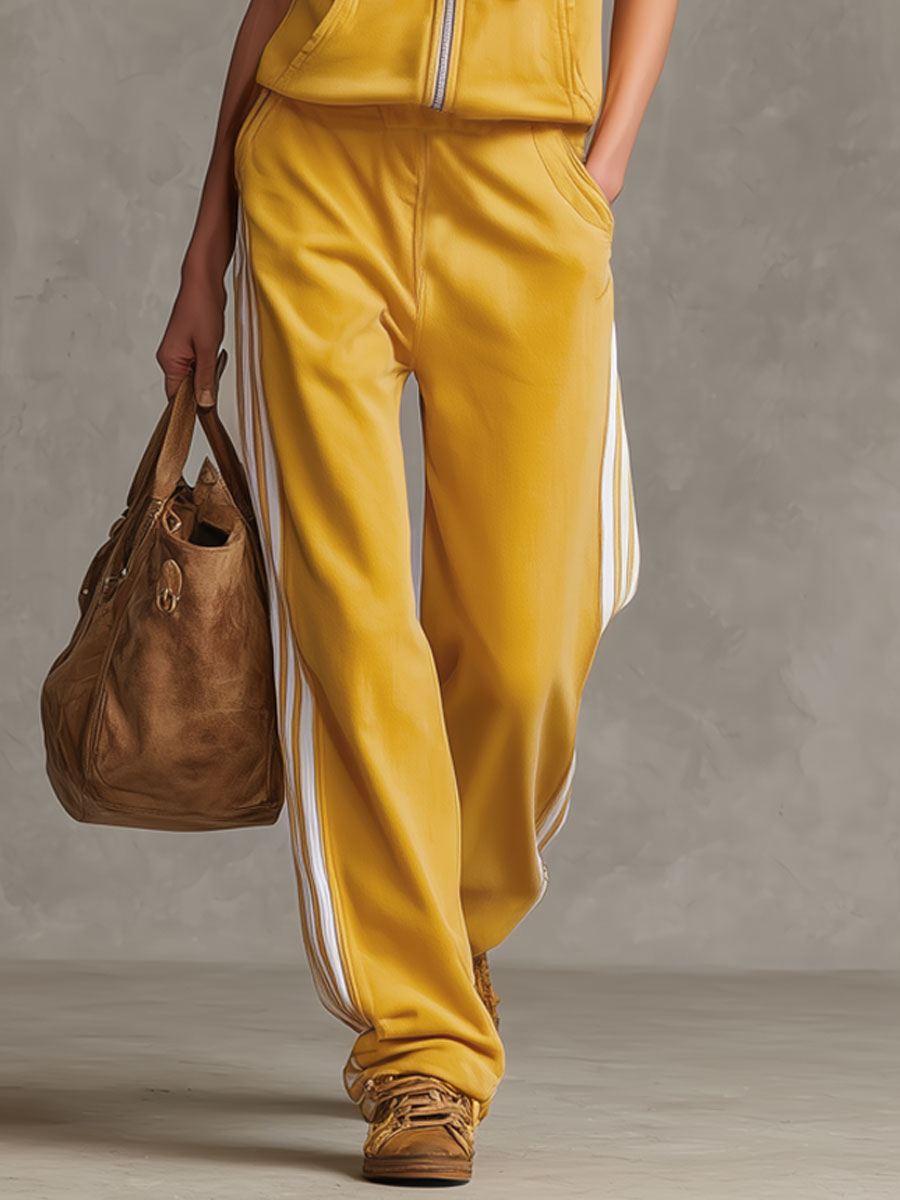 Sporty Retro Striped Yellow Cotton Blend Sleeveless Hooded Sweatshirt And Pants Set