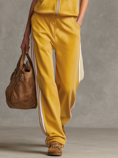 Sporty Retro Striped Yellow Cotton Blend Sleeveless Hooded Sweatshirt And Pants Set