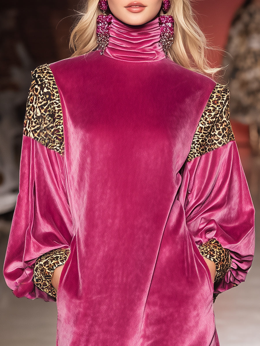 Stylish And Casual High-neck Pink Patchwork Leopard Print Velvet Mini Dress