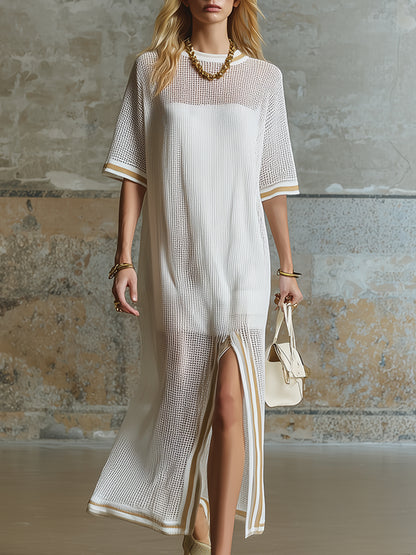 Casual Sporty Striped-trim White Mesh Split-hem Short-sleeved Midi Dress