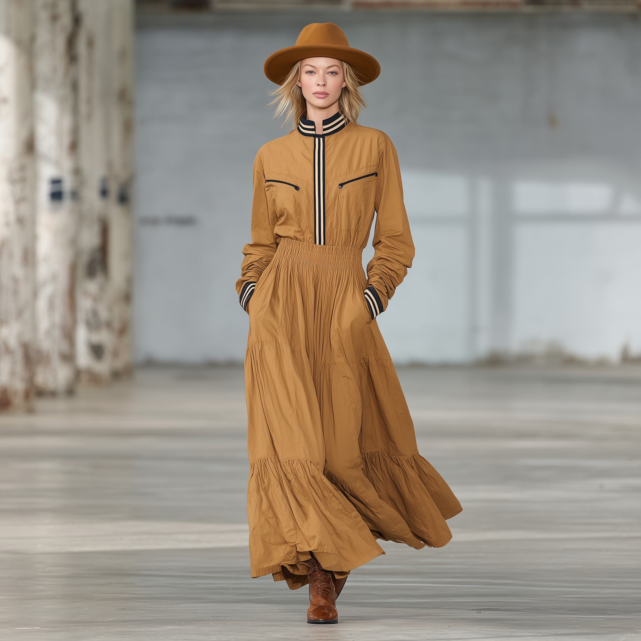 Casual Khaki Striped Elastic Waist Maxi Dress