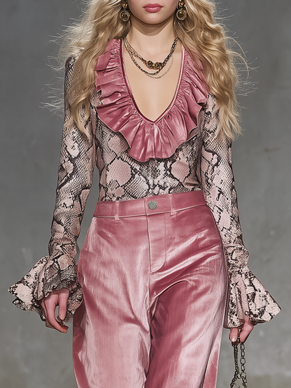 Retro Western-style Snake Print V-neck Ruffled Pink Velvet Top And Wide-leg Pants Set