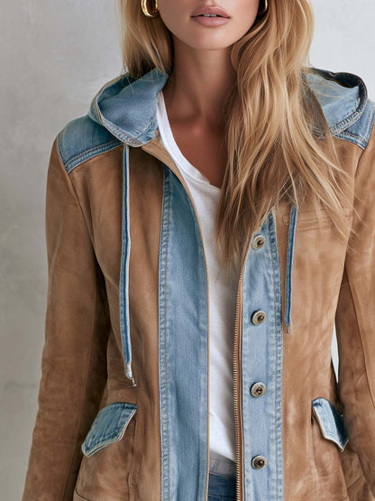 Urban Western Camel Suede Jean Jacket Women Mixed Media Drawstring Hood Coat