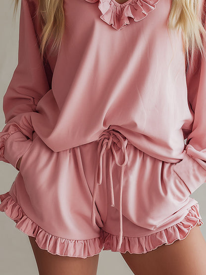V-neck Ruffled Long-sleeved Top And Shorts Athletic Set