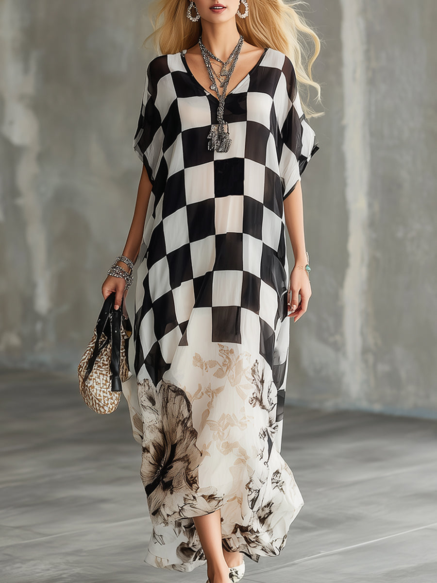 Stylish And Modern Checkered Floral Print Chiffon Short-sleeved Maxi Dress