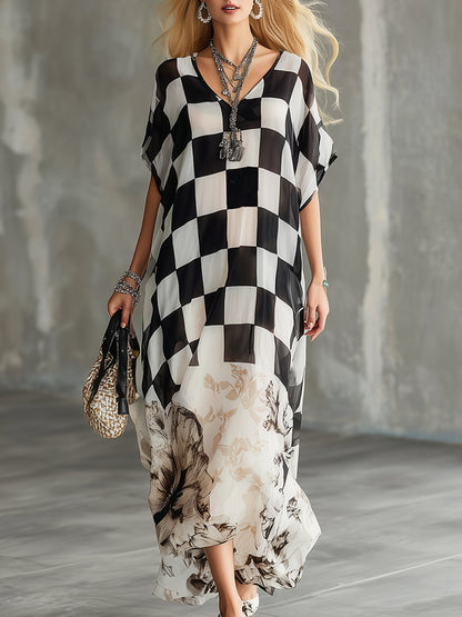 Stylish And Modern Checkered Floral Print Chiffon Short-sleeved Maxi Dress