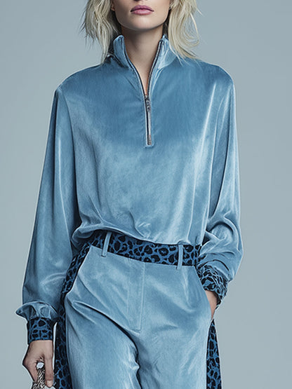 Sporty Retro Leopard Print Blue Velvet Zip-up Top And Wide-leg Pants Set