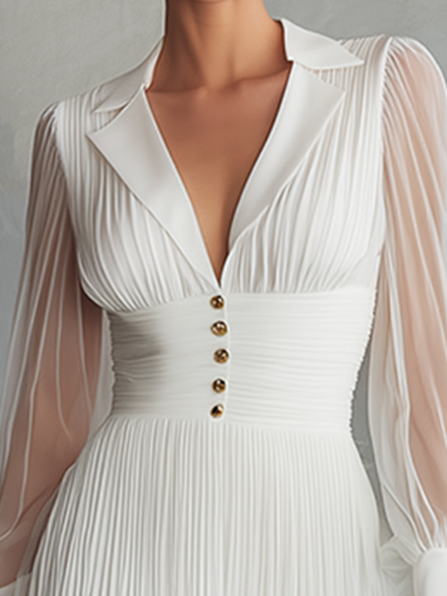 Exquisite And Elegant White Chiffon Pleated Midi Dress