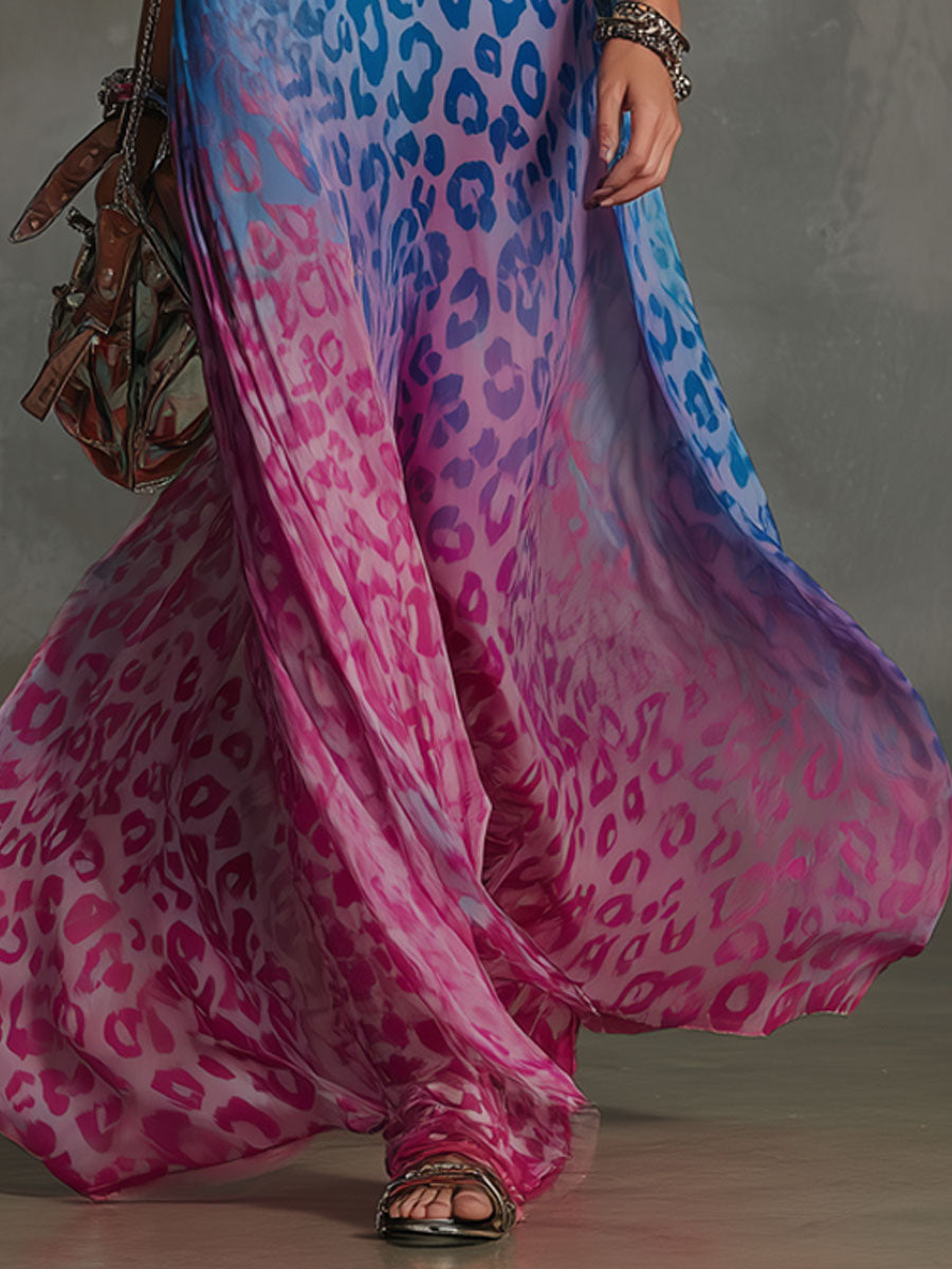 Gradient Leopard Print Chiffon High-neck Sleeveless Maxi Dress