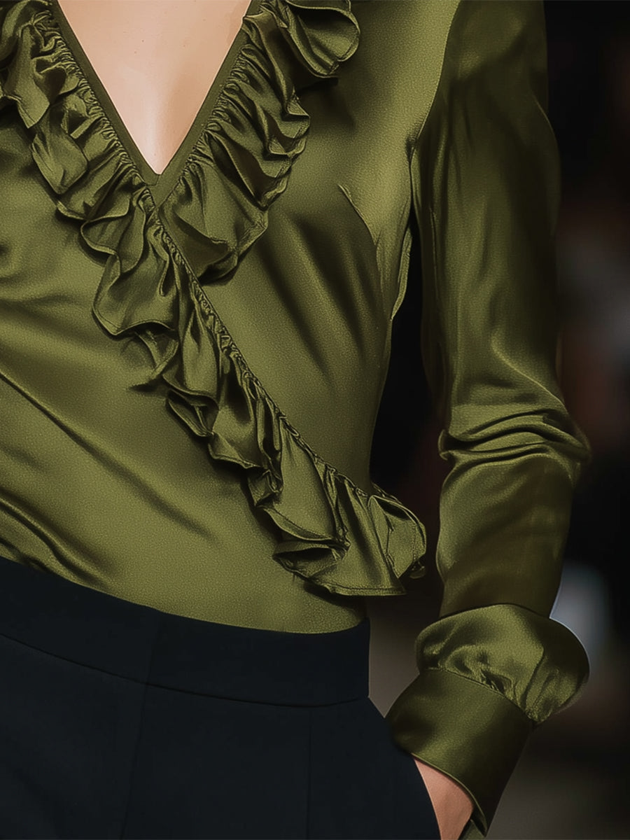 Elegant Olive Green V-neck Ruffled Long-sleeved Top