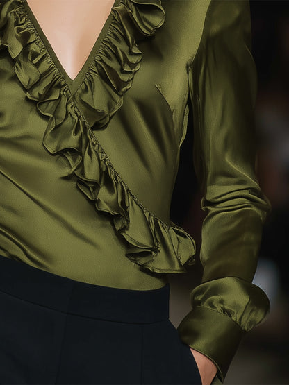 Elegant Olive Green V-neck Ruffled Long-sleeved Top