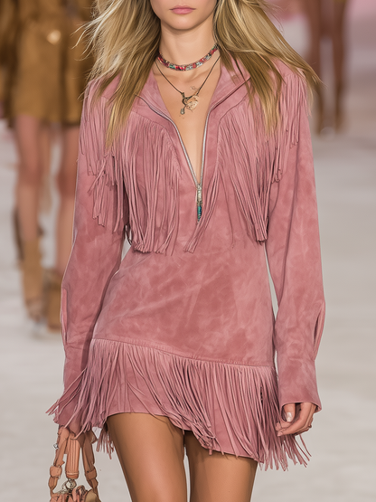 Retro Western Style Zip-up Collar Fringed Suede Mini Dress