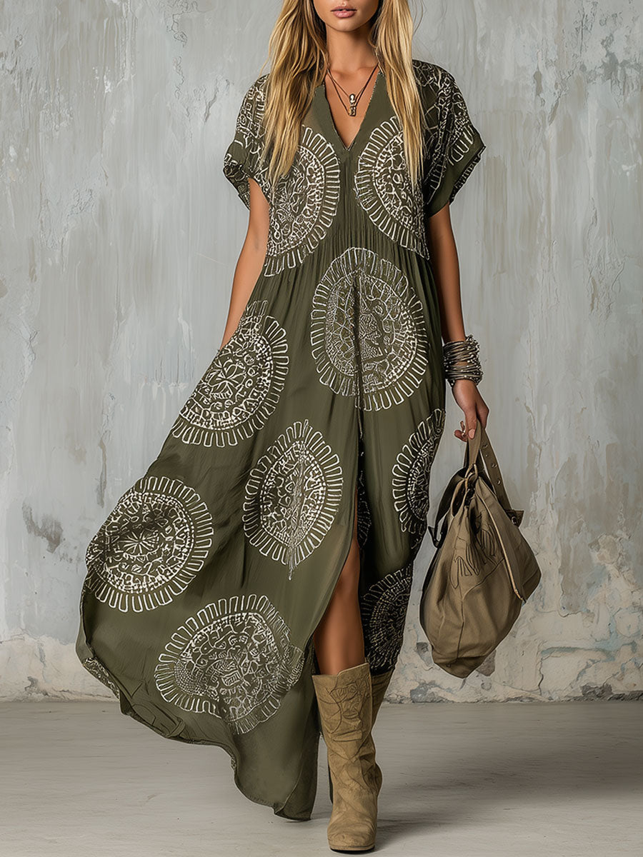 Western Retro Ethnic Style White Floral Print Olive Green Chiffon Midi Dress