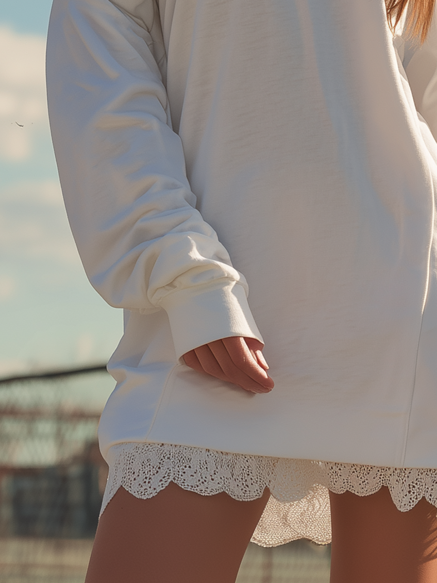 Retro Sporty Off-the-shoulder Long Sleeve Lace Trim Sweatshirt Dress