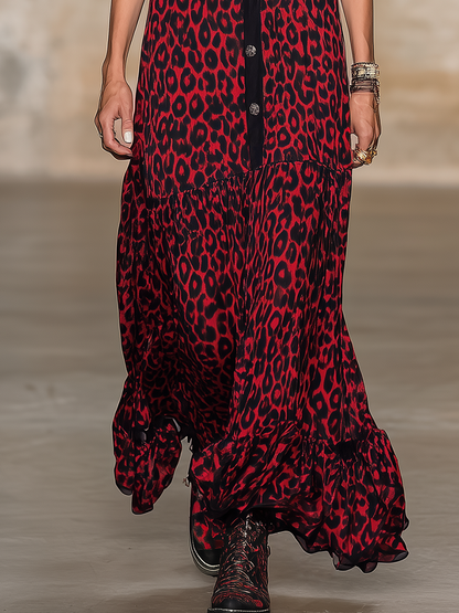 Loose-fitting Western-style Leopard Print Matte Satin Sleeveless Red Maxi Dress