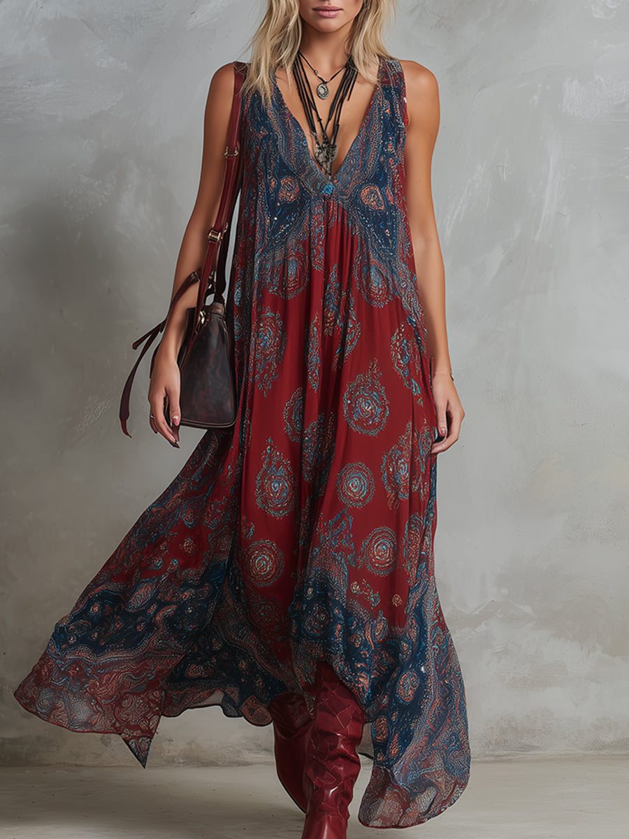 Retro Ethnic Bohemian Print Chiffon Sleeveless Maxi Dress
