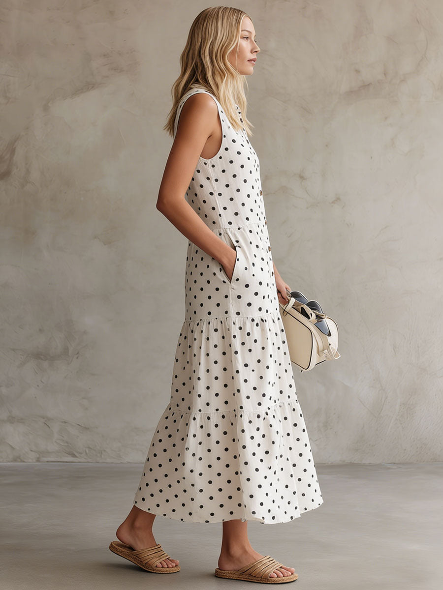Casual Retro Black Polka Dot White Linen Sleeveless Shirt Dress
