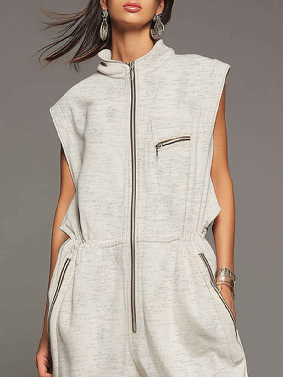 Sporty Retro Gray-white Cutout Sleeveless Shorts Jumpsuit