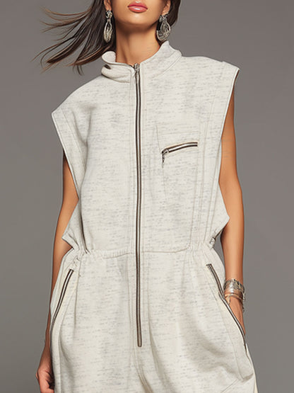 Sporty Retro Gray-white Cutout Sleeveless Shorts Jumpsuit