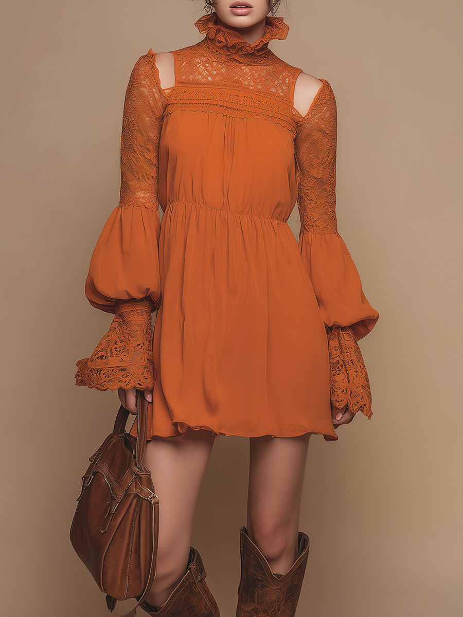 Retro Fashion Slim-fitting Long-sleeved Lace-paneled Off-the-shoulder Orange Woven Mini Dress
