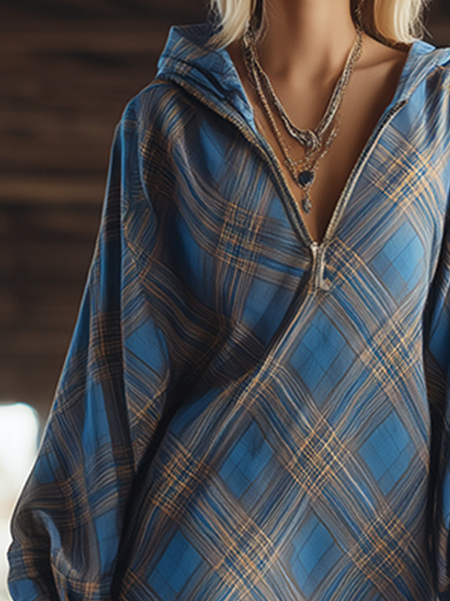 Trendy Urban Sporty Blue Plaid Half-zip Hooded Sweatshirt Mini Dress