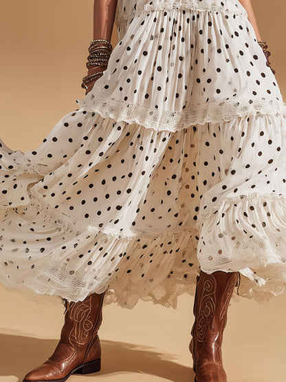 Fashionable Vacation Lace Polka Dot White Chiffon Sleeveless Maxi Dress