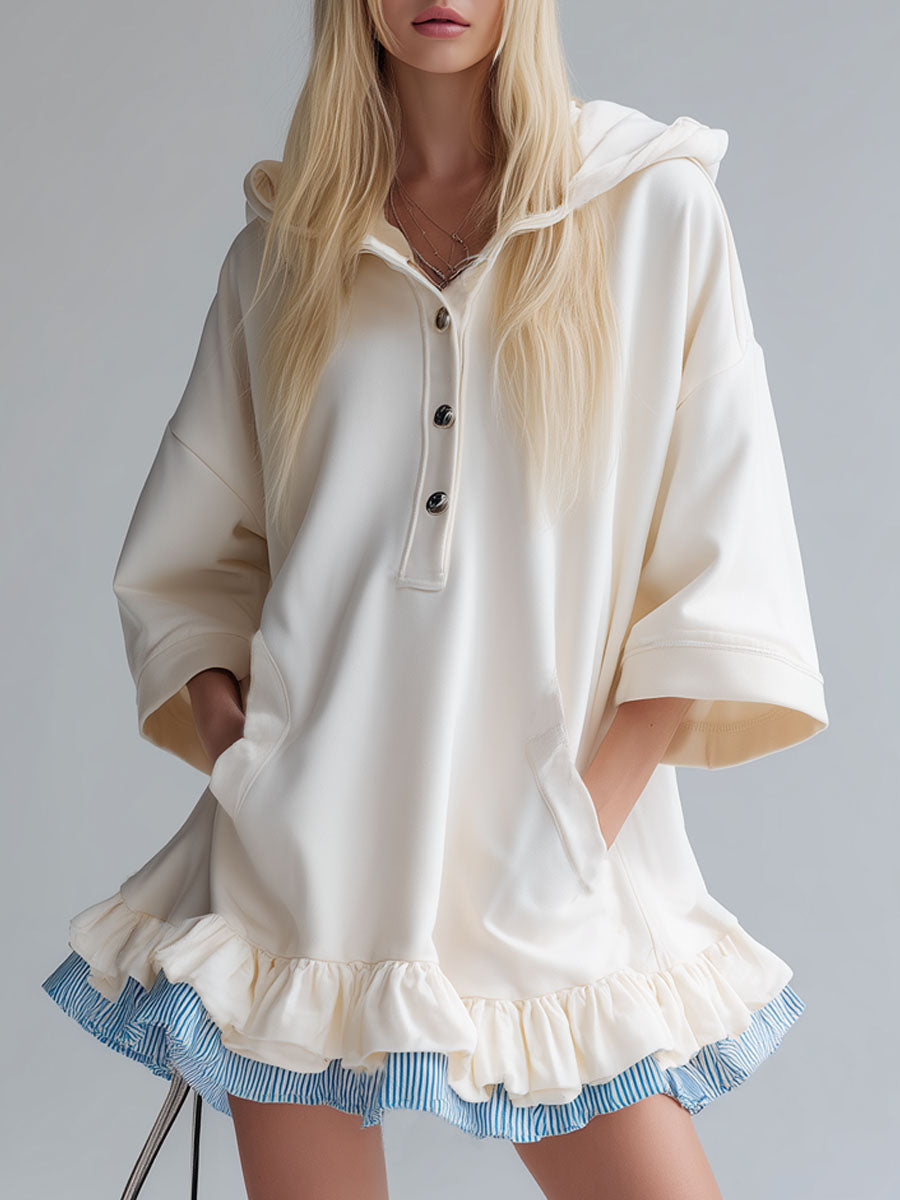 Hooded Color-blocked Ruffled Double-pocket Short-sleeved Mini Dress